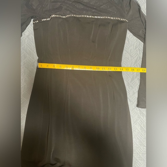 1990S TADASHI BLACK VINTAGE EVENING DRESS W SHEER SLEEVES & RHINESTONES - Picture 6 of 8